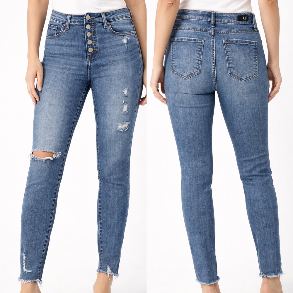 Kut from the‎ Kloth Medium Blue High-Rise Distressed Skinny Jeans